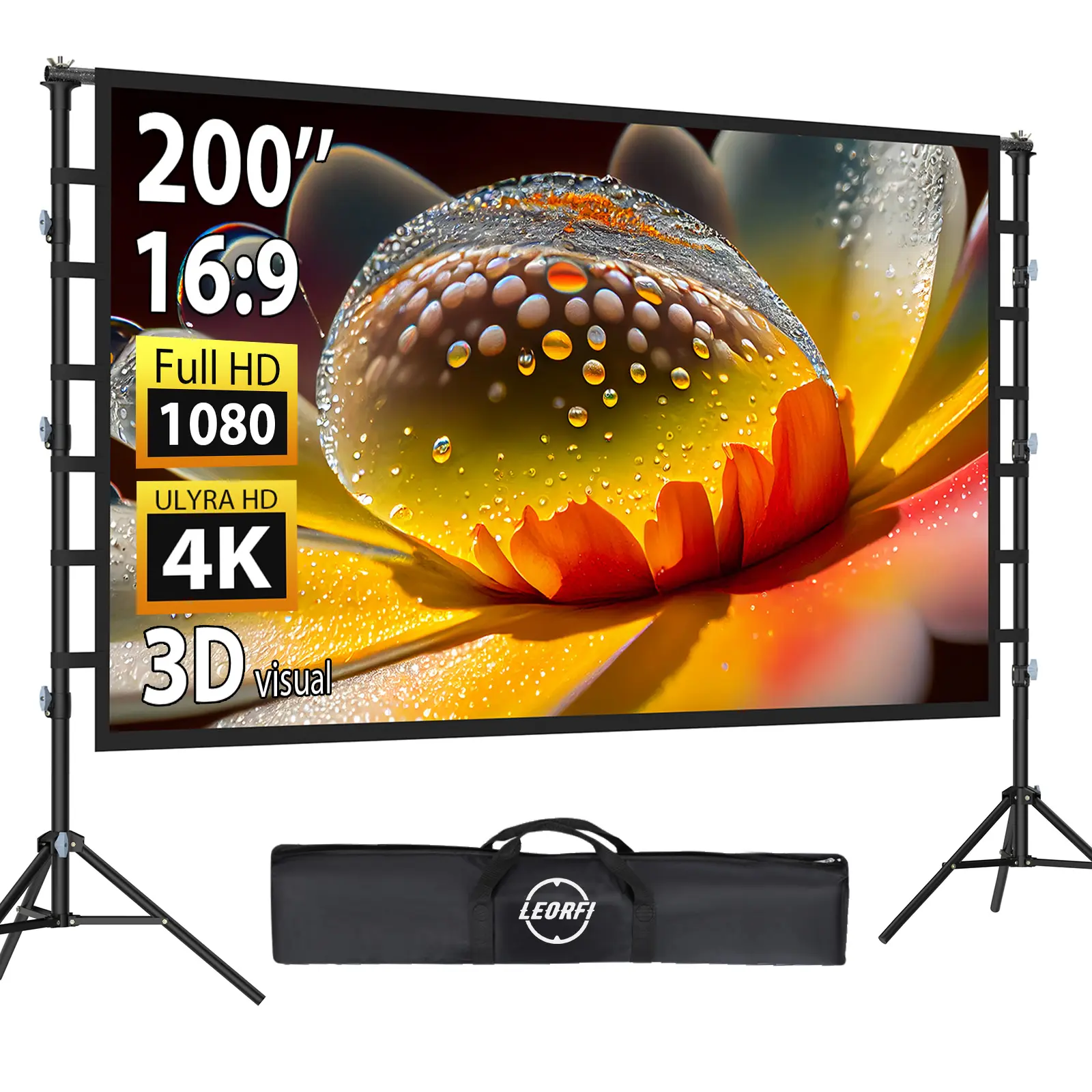 200 Inch Projector Screen with Stand: LEORFI 16ft Portable Large Projection Screen and Stand Outdoor - Front/Rear Movie Screen Indoor 16:9 4K HD - Wrinkle-Free & Carry Bag for Backyard Cinema