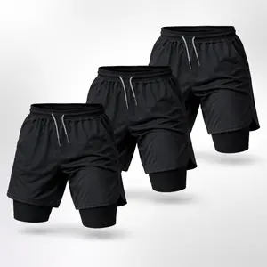 [Solid Color] 3 Pcs 3 Pack 80s 90s Double-Layer Sports Shorts Graphic Shorts Black Camo Streetwear Shorts Men Outfits Men Vacation Outfits Shorts