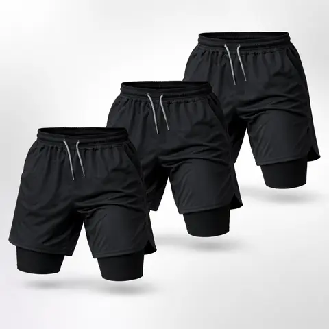 [Solid Color] 1/2/3 Pcs 1/2/3 Pack 80s 90s Double-Layer Sports Shorts Graphic Shorts Black Camo Streetwear Shorts Men Outfits Men Vacation Outfits Shorts