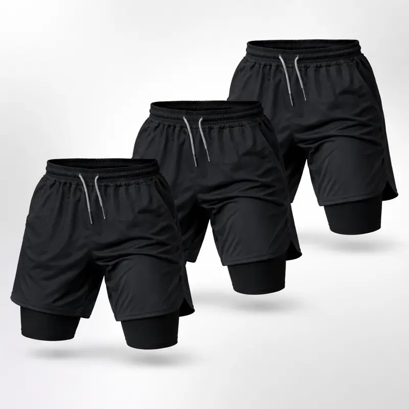 [Solid Color] 1/2/3 Pcs 1/2/3 Pack 80s 90s Double-Layer Sports Shorts Graphic Shorts Black Camo Streetwear Shorts Men Outfits Men Vacation Outfits Shorts