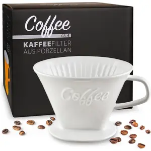 Porcelain Coffee Dripper - White - Ceramic Cone Brewer - Pour Over Coffee Maker for Filter Bags Size 4 - Easy Manual Brew for pure taste - also for Camping, Hiking