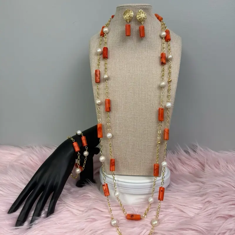 ORIGINAL CORAL BEADS SET PAIRED WITH PEARLS AND GOLD PLATED ACCENTS ELEGANT JEWELRY FOR SPECIAL OCCASIONS