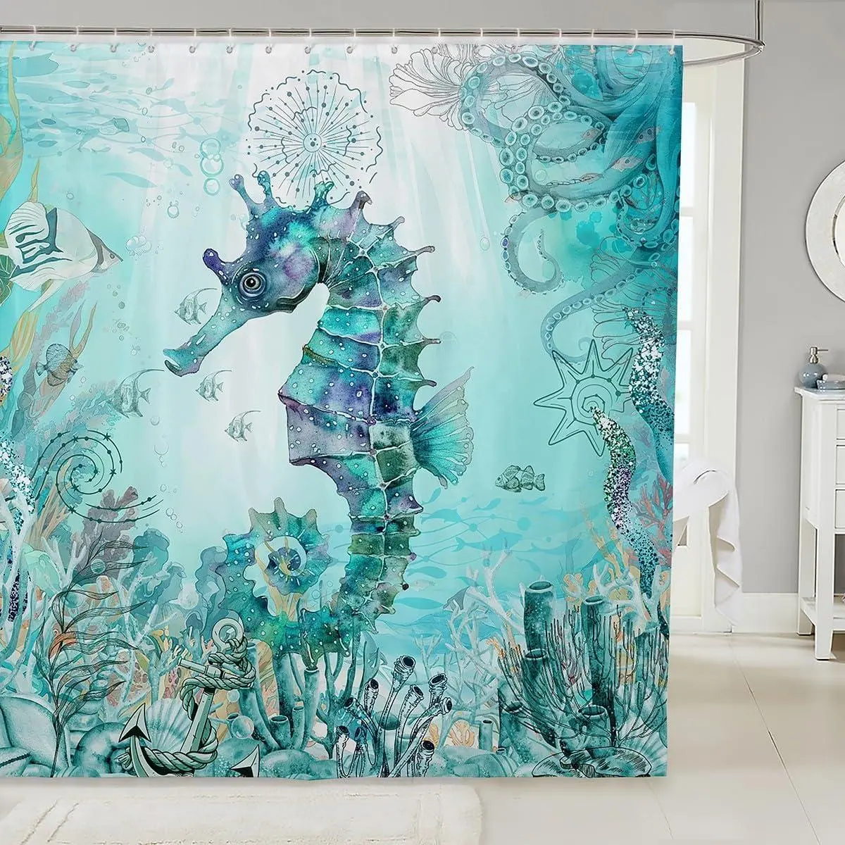 Seahorse Bath Curtain Ocean Shower Curtain Sea Bathroom Shower Curtain Set Ocean Coastal Bathroom Accessories