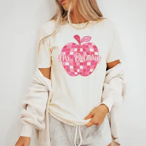 Custom Teacher Shirt, Back to School Shirt, Teacher Name, Teaching Shirts, Checkered Apple, Retro Teacher, Custom Text, Customized T-Shirt