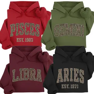 (LEAVE A NOTE OR DM SHOP)  Full 12 Minimalist Zodiac Hoodie, Trendy Astrology Sign Pullover, Leopard Print Letter Hoodie, Optional Custom EST Birth Year, Unisex Horoscope Streetwear Gift - AG