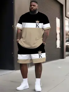 Men's Plus Size 3D Digital Print Colorblock Casual Sporty Short Sleeve Crewneck T-Shirt and Shorts Set, Outfit, Loose Fit, Modern Style, All Seasons, Menswear Clothes