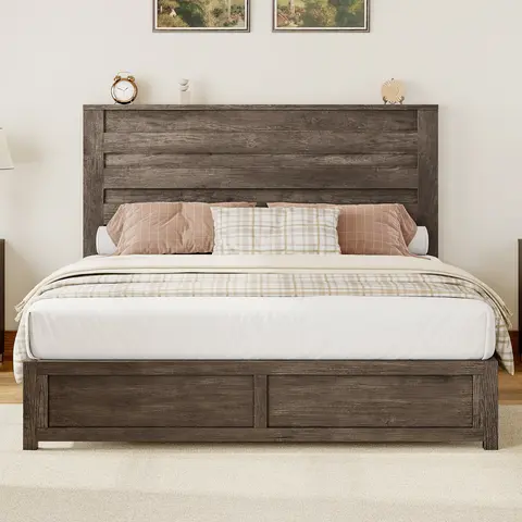 AMERLIFE Farmhouse Bed Frame with 49" Headboard, Platform Bed Frame with Wood Slats Support/Stable & Durable/No Box Spring Needed/Full/Queen/King Size/Best Gift Ideas/Christmas Gifts[TikTokShopFallDealsForYou]
