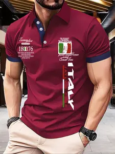Men's Regular Fit Italy Flag & Letter Print Polo Shirt, Casual Short Sleeve Collared Top for Summer, Fashion Men's Clothes for Daily Wear, Tropical, Menswear