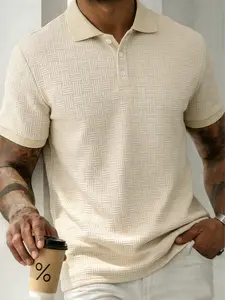 Men's Textured Geometric Jacquard Polo Shirt, Short Sleeve Casual Button Front, Waffle Knit, Breathable Fabric, Summer Wear, Classic Street Style