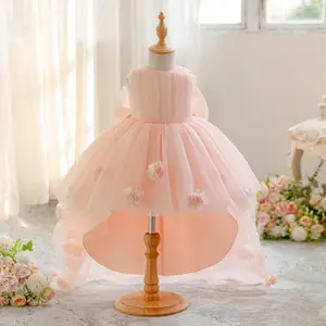 3-6Y Peach Pink 3083 Kids Clothes Flower Girls Frock 3D Floral Bow Mesh Trailing Skirt Ball Gown Pageant Children Elegant Princess Prom Host Formal Evening Party Banquet Cocktail Dress