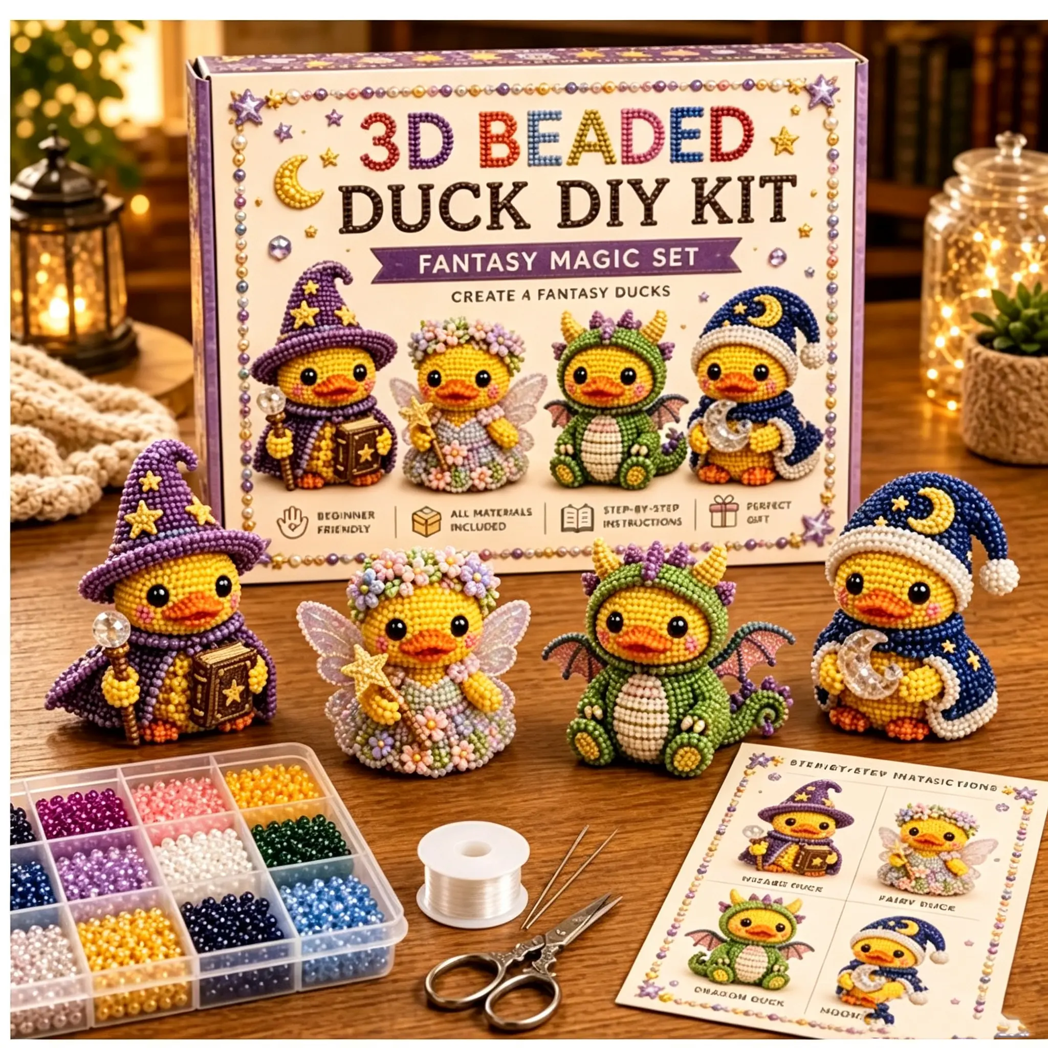 3D Beaded Duck DIY Bead Kit, Fantasy Magic 4 Styles Wizard Fairy Dragon Moonlight Duck Making Set, Complete Multi-Color Seed Beads Craft Supplies with Thread Tools Step-by-Step Guide, Beginner Friendly Magical Duck Figurine Craft Kit Tabletop Decor Gift f