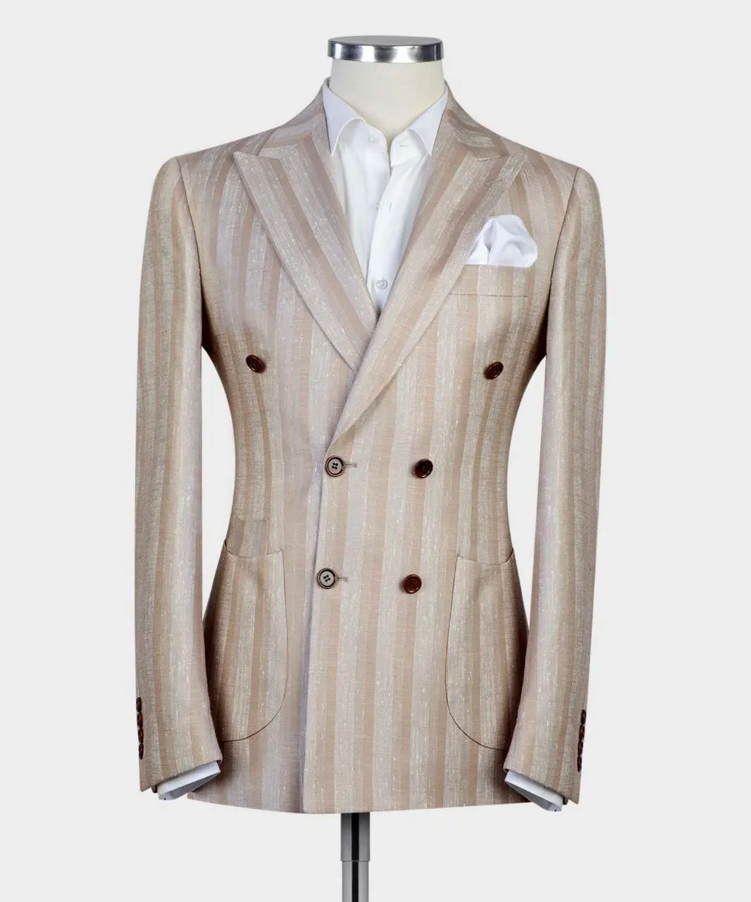 Men's Champagne Striped Double-Breasted Suit - 100% Linen Fabric with a Structured Fit and Peak Lapels, Menswear, Formal, Pocket, Blazer And Trousers Set Men's Suit Separates