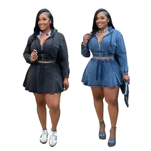 New Women'S Casual Washed Denim Short Skirt Set, Zipper Style Hooded Jacket And Pleated Skirt, Suitable For Women
