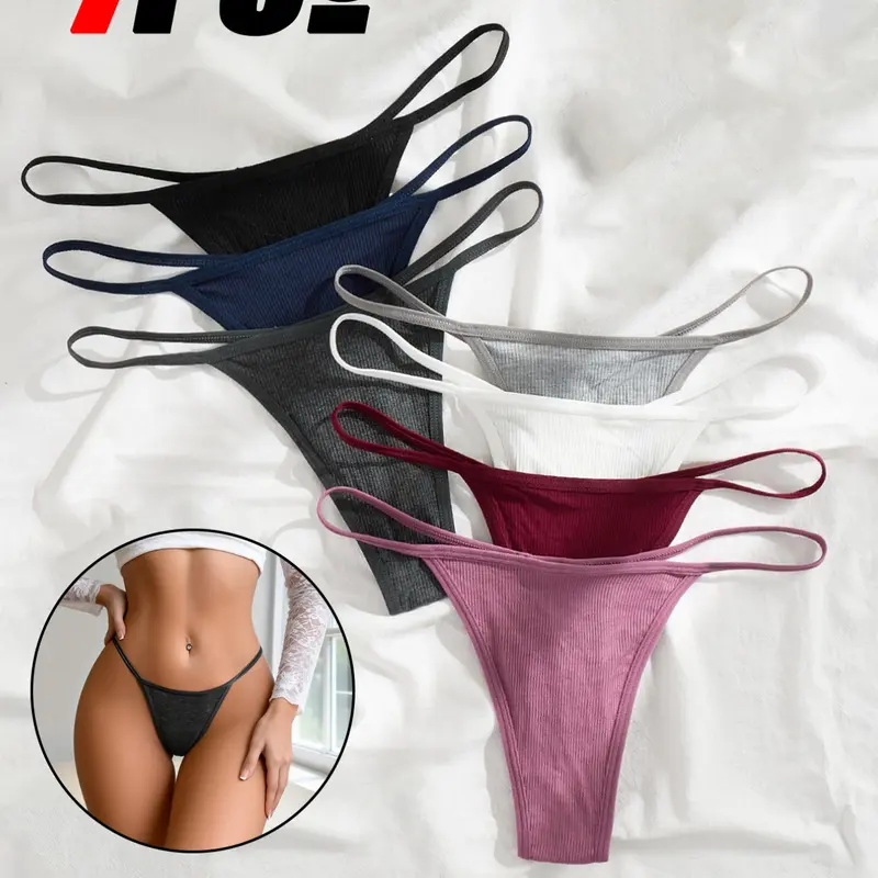 Women's Dopamine-colored Strappy Thong Set, Breathable Ribbed Straps, Low-Waist Seamless Sexy Fit Underwear, Multi-Color Mix Great Value, Panties, Ribbed Knit Panties, Low Waist Panty, Fitted Panty