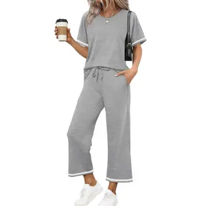 Stylish Women’s 2-Piece Outfit: Short Sleeve Tee & Easygoing Pants for Summer Vacations and Travel. Relaxed Lounge Set for Comfort, Versatility, and Chic Style – Ideal for Lounging at Home!
