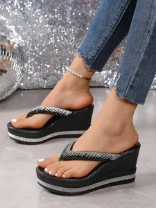 Fashionable Black Rhinestone Decorated Platform Sandals, Casual Comfortable Platform Sandals for Daily Wear, Female All-match Elegant Party Shoes for Summer, Girl