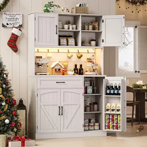 71" Pantry Cabinet, Kitchen Pantry Storage Cabinet with LED Light & Outlet, Kitchen Hutch with Microwave Shelf & 6 Hooks, Door Shelves & Drawer & Adjustable Shelves, for Dining Room
