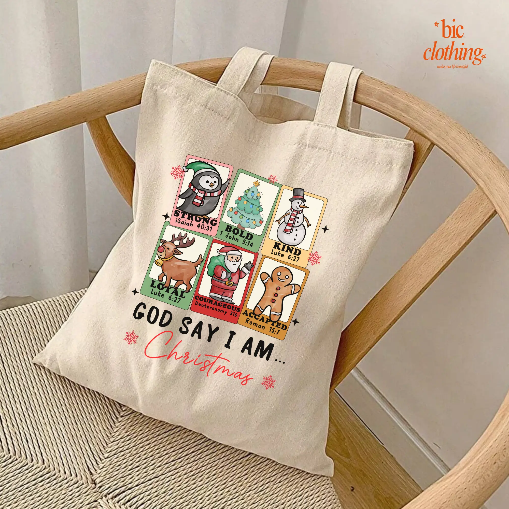 God Says I Am Christmas Tote Bag, Christian Holiday Tote, Canvas Xmas Bag, Faith Gift for Mom & Women, Gift For Christmas, Christian Christmas Bag