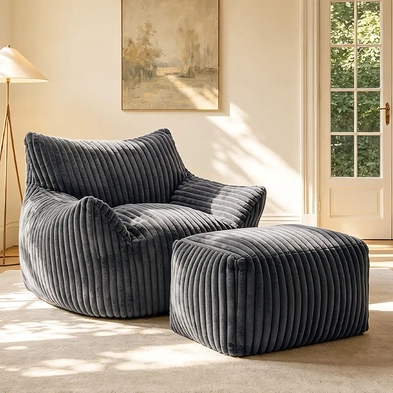 【1 Package】Oversized Corduroy Plush Bean Bag Chaise Lounge Chair with Ottoman, Modern Pre-Assembled Sturdy Cloud Floor Sofa, 400 lbs High Resiliency, Supportive Armrests, Ergonomic Design for Dorm Room Home Office Single Furniture, Casual, Bean Bag Chair