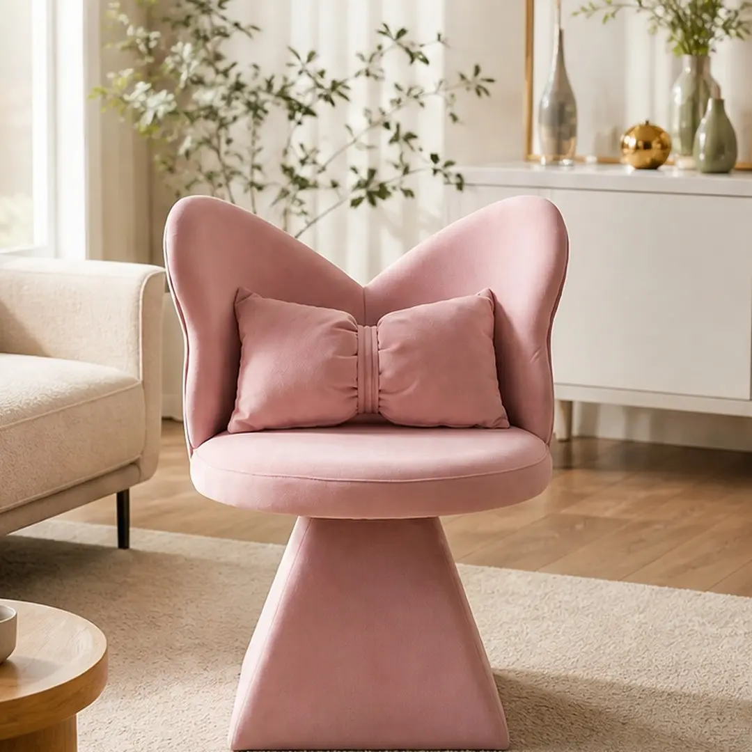 Pink Chenille Velvet Vanity Chair with Butterfly Back, 360° Swivel Accent Dining Chair, High Resilience Foam Makeup Stool for Bedroom Dressing Table, Living Room, Dining Room, Study, Recreational Areas, 18.1"W x 30"D x 18.1"H