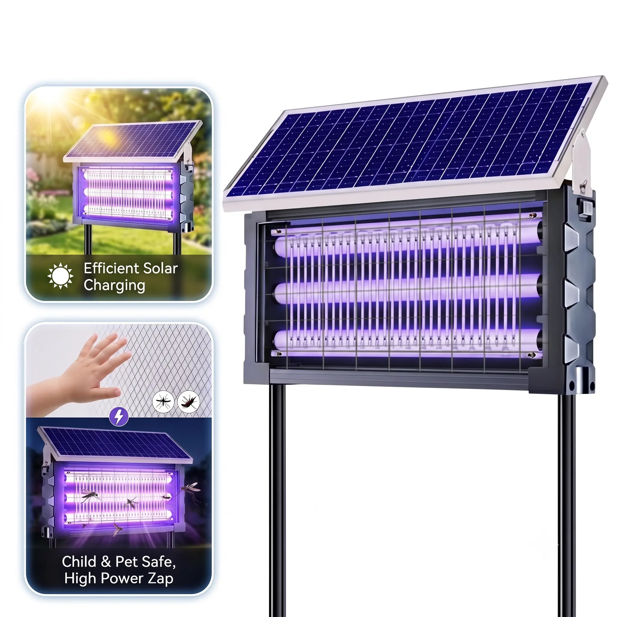 Solar powered outdoor UV high-efficiency electric insect lamp, 3-tube high-efficiency insecticidal lamp, equipped with solar energy and USB charging, IPX5 waterproof, large battery for garden, terrace, camping, and summer outdoor use