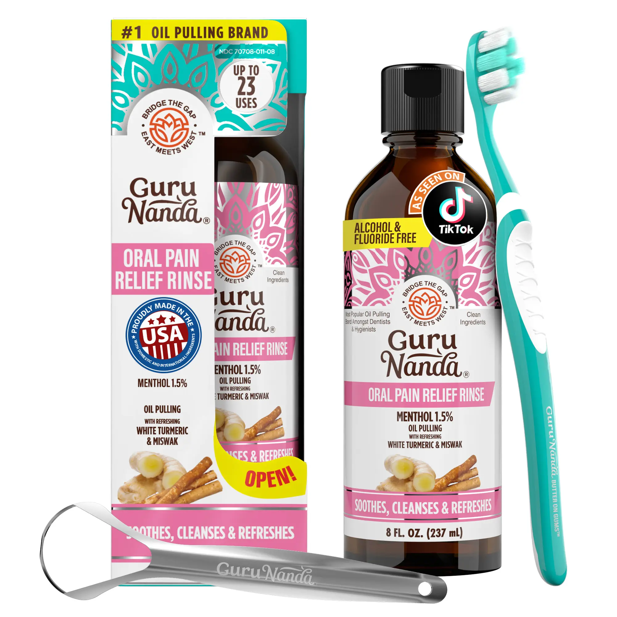 GuruNanda Oral Pain Relief Rinse Sensitive Oil Pulling with 1.5% Menthol - 8 oz Cleanser