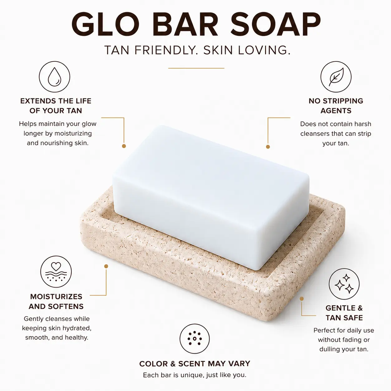 Glo Bar Soap, Moisturizing spray tan safe soap, self tan safe soap, soap that will not strip fake tan, soap that will not strip self tan. Best soap to use after spray tan self tan