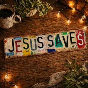 "Jesus Saves" Vintage Aluminum License Plate Collage Metal Sign, 4x16 in Retro Christian Wall Decor, Home Supplies Plaque