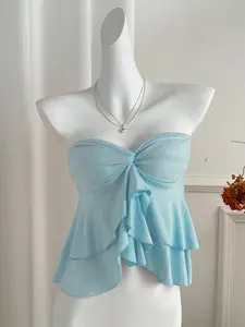 Women's Halter Top with Knot Design, Asymmetrical Layered Ruffles, Sweet Sexy Style, Perfect for Daily, Dates, Beach, Parties