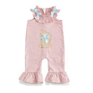 Baby Girl Spring Romper Sleeveless Round Neck Stripes Print Bunny Jumpsuit Infant Pajamas