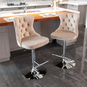 Swivel Bar Stools Set of 2, Adjustable Counter Height Upholstered Barstools with Nailheads Trim, Button Tufted Back and Silver Footrest, Bar Chairs for Dining Room Home Bar Kitchen, Velvet, Khaki