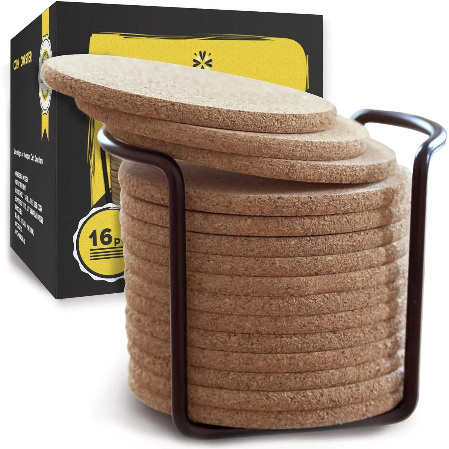 Cork Coasters for Drinks with Metal Holder - 16 count Round 4 inch Drink Coaster Thick Absorbent Heat-Resistant Saucer -  for Cold Hot Beverages Glasses Mugs Cups  Apartment Decor Bar Table