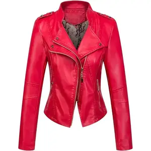 Women's Candy Color Asymmetric Zip Slim Faux Leather Cropped Moto Jacket