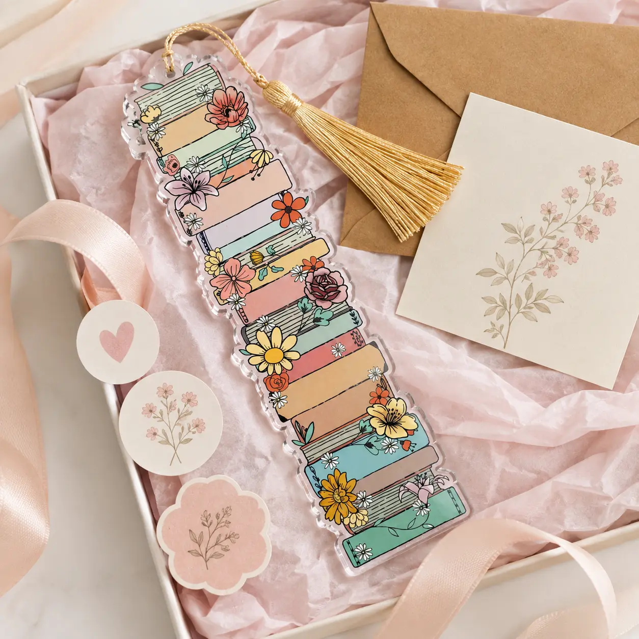 2D Floral Book Stack Acrylic Bookmark with Tassel | Vintage Pastel Books and Flowers Book Marker | Cute Bookish Gifts for Readers | Unique Bookworm Gift | Reading Accessory