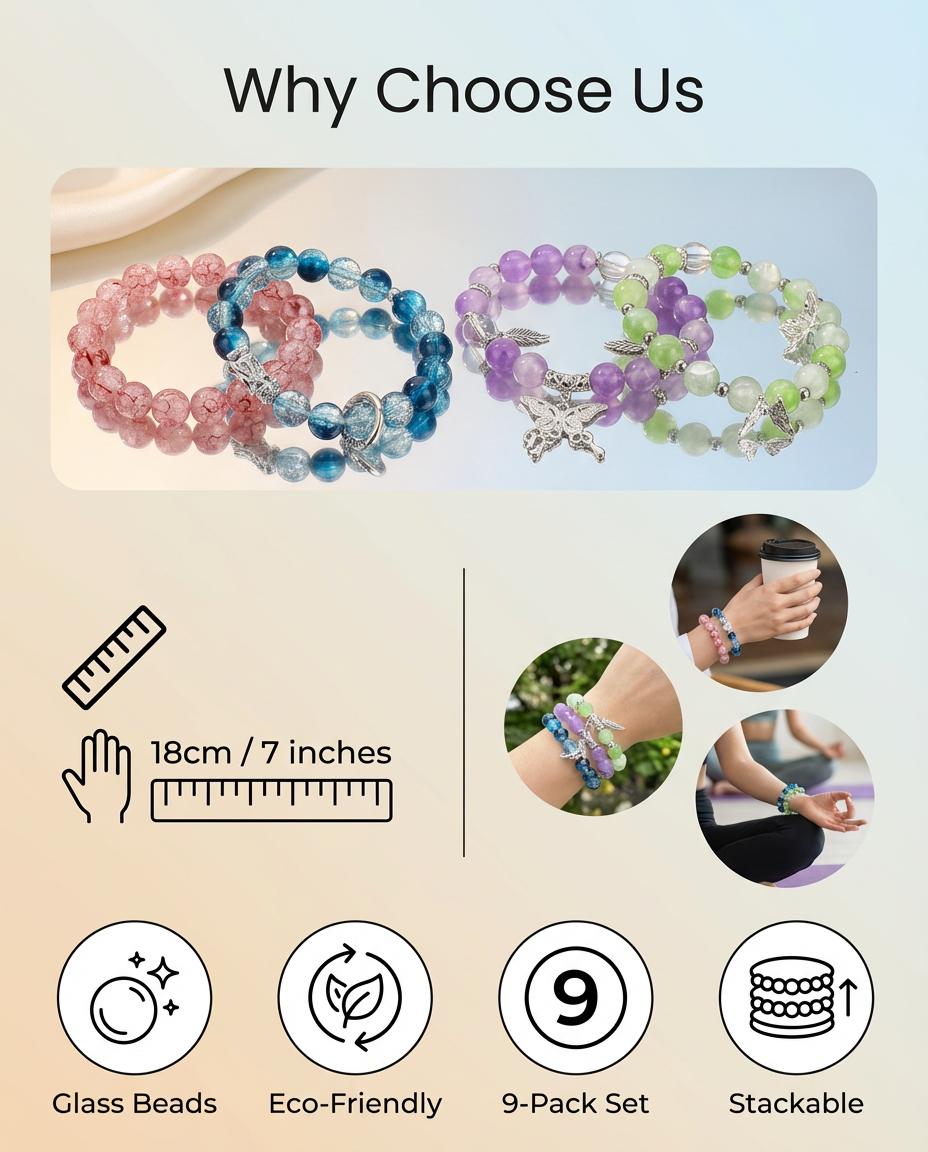 Bohemian/Minimalist Glass Bead Bracelets 9-Pack Bundle - Simple Colorful Stackable Wrist Accessories 7" for Women Girls Teens - Eco-Friendly Cute Fashion Bands for Daily Wear Office Party Gifts Birthday & Friendship