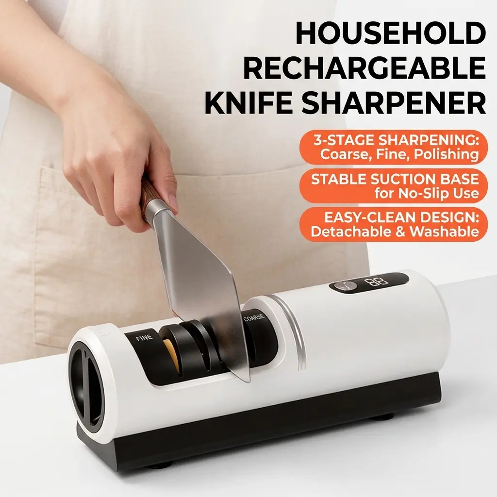 USB Rechargeable Electric Knife Sharpener for Home Kitchen Use Automatic Honing System with 3 Stage Grinding Wheels Professional Grade Precision Edge Restoration Tool Compact Design Easy to Clean and Store
