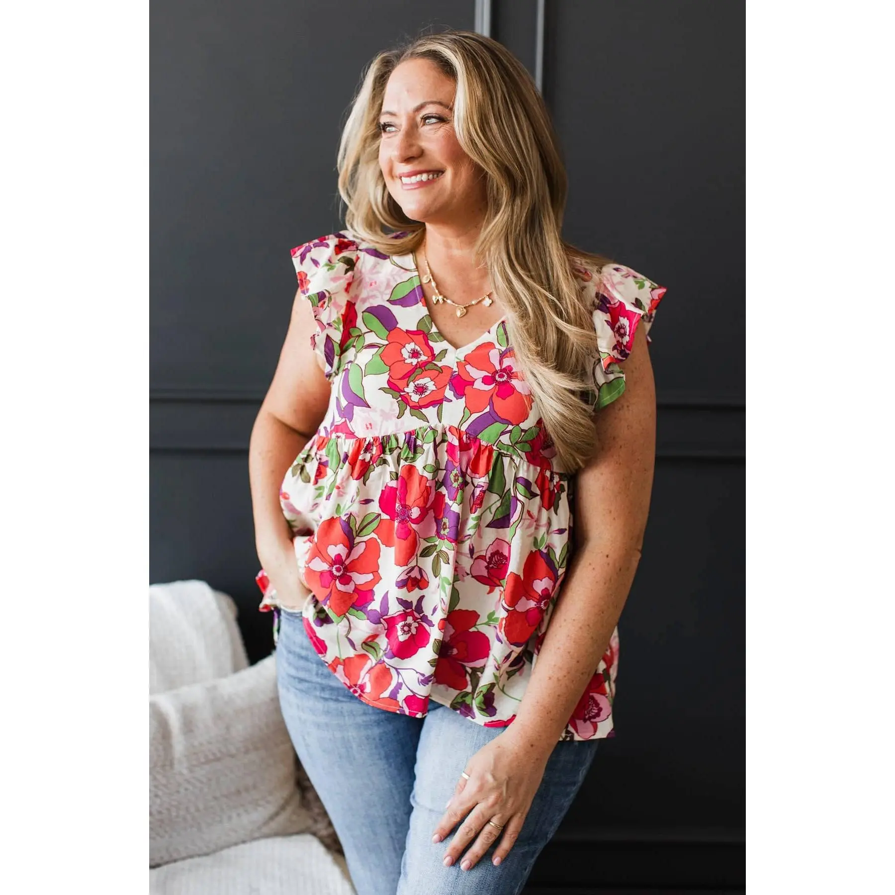 Babydoll Style Blouse for Women with V-Neck and Ruffle Cap Sleeves, Ivory & Coral Floral Print, Lightweight Rayon Nylon, Fit, Fabric, Colorful Floral Motif Blouses & Shirts, Dolly-Inspired Blouses & Shirts