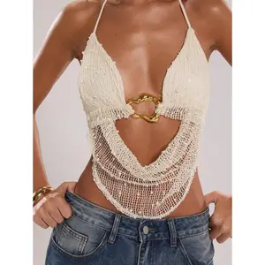 Women's Summer Sexy Bohemian Beach Vacationconcert Outfit Women Halter Neck Tie Metal Decoration Crochet Summer Tops, Summer Outfits For Women,Club Outfits Women Sexy,Rave Top