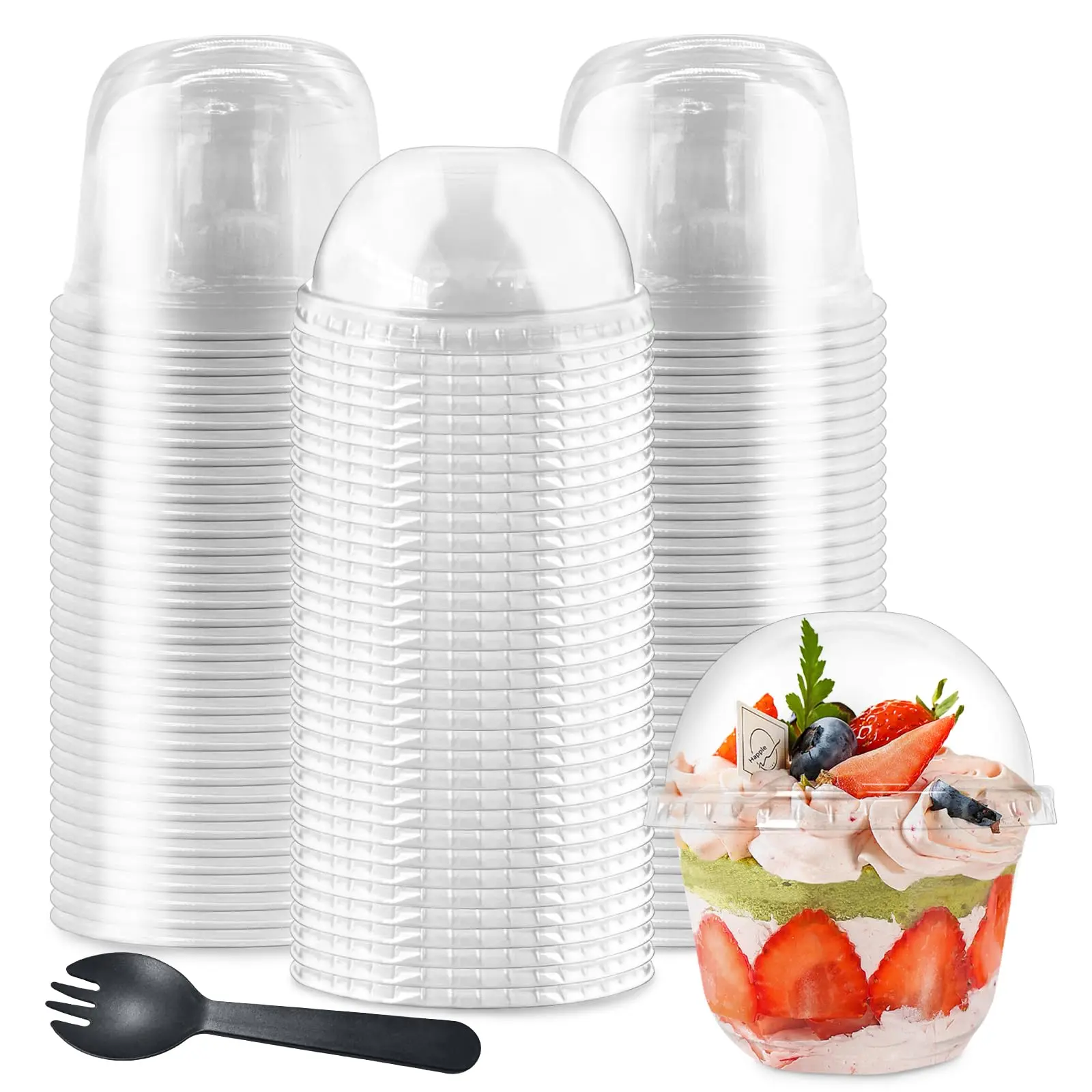 Sturdy Disposable Plastic Cups Set - 100Pcs 10oz Dessert Containers with Dome Lids (50Pcs No-Hole Parfait Bowls, 50Pcs Sporks) for Party Cake, Mousse