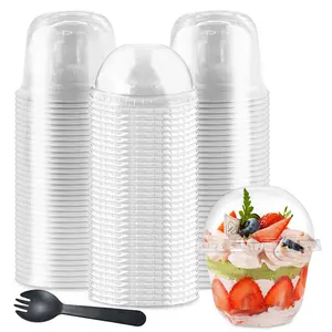 100Pcs 10oz Plastic Dessert Cups with Dome Lids,50Pcs Disposable Clear Parfait Party Cup(No Hole) and 50Pcs Sporks,Snack Containers Bowls for Cake,Mousse,Milkshake,Yogurt,Ice Cream,Fruits