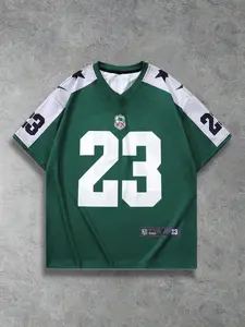 Vintage Rugby Jersey, Oversized Number Print, Star Shoulder Patch, Win Badge, Breathable Mesh Fabric, Casual Sporty Top, Football Shirts, Game Jersey, Stylish Jersey