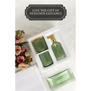 Designer Green Glass Bathroom Accessories Sets - 4 Pcs with Lotion Soap Dispenser, Bathroom Toothbrush Holder, Vanity Tray, and Apothecary Jar, Vintage Bathroom Decor, Gift Countertop Organizer