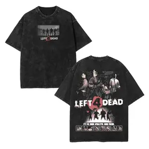 Left 4 Dead Zombie Apocalypse Graphic Tee Mens Oversized Vintage Washed T Shirt Heavyweight Cotton Retro Gaming Streetwear Nostalgic Gamer Apparel Y2K Casual Summer Tops Trending Tiktok Viral Unisex Video Game Outfit Survival Horror Merch