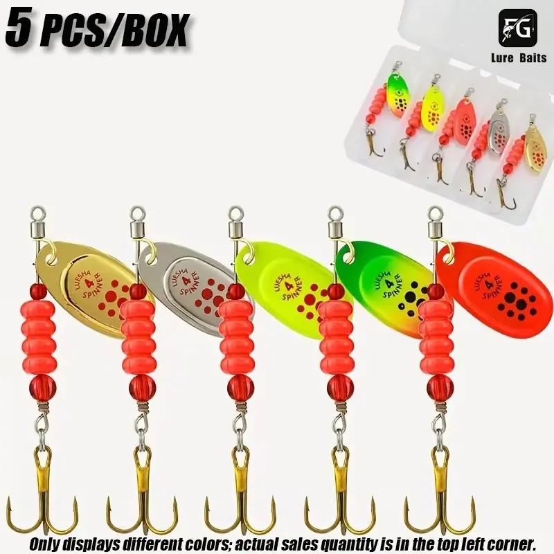 5 Piece Rotating Spoon Metal Lure Fishing Bait with Box Bright Shad Crankbait Spoon for Bass Trout Salmon, Composite Fishing Gear, Fishing Lures Set, Fishing Lure Kit, Fishing Spoons
