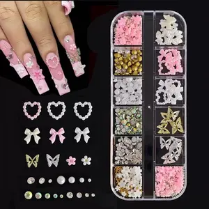 12 Grid Nail Art Set with Crystal Butterfly Flowers & Heart Shapes, DIY Nail Decoration Jewelry, Multifunctional Nail Gems, Shiny Nail Accessories