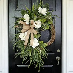 Artificial Front Door Wreath, Camellia Magnolia Ring, Country Farmhouse Style with Jute Bow, Plant Decoration