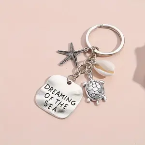 2pcs Ocean-Inspired Alloy Keychain with Turtle, Starfish & Shell Charms - "Dreaming of The Sea" Engraved Tag - Ideal for Purses, Backpacks & Car Keys - Perfect Birthday Gift for Her, Turtle Decor
