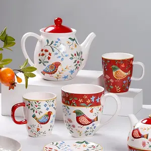 Bird & Flower Pattern Ceramic Tea Set, 1 Set Teapot & Tea Cup & Mug & Saucer, Exquisite Tea Set for Home Office Use, Gift for Friends