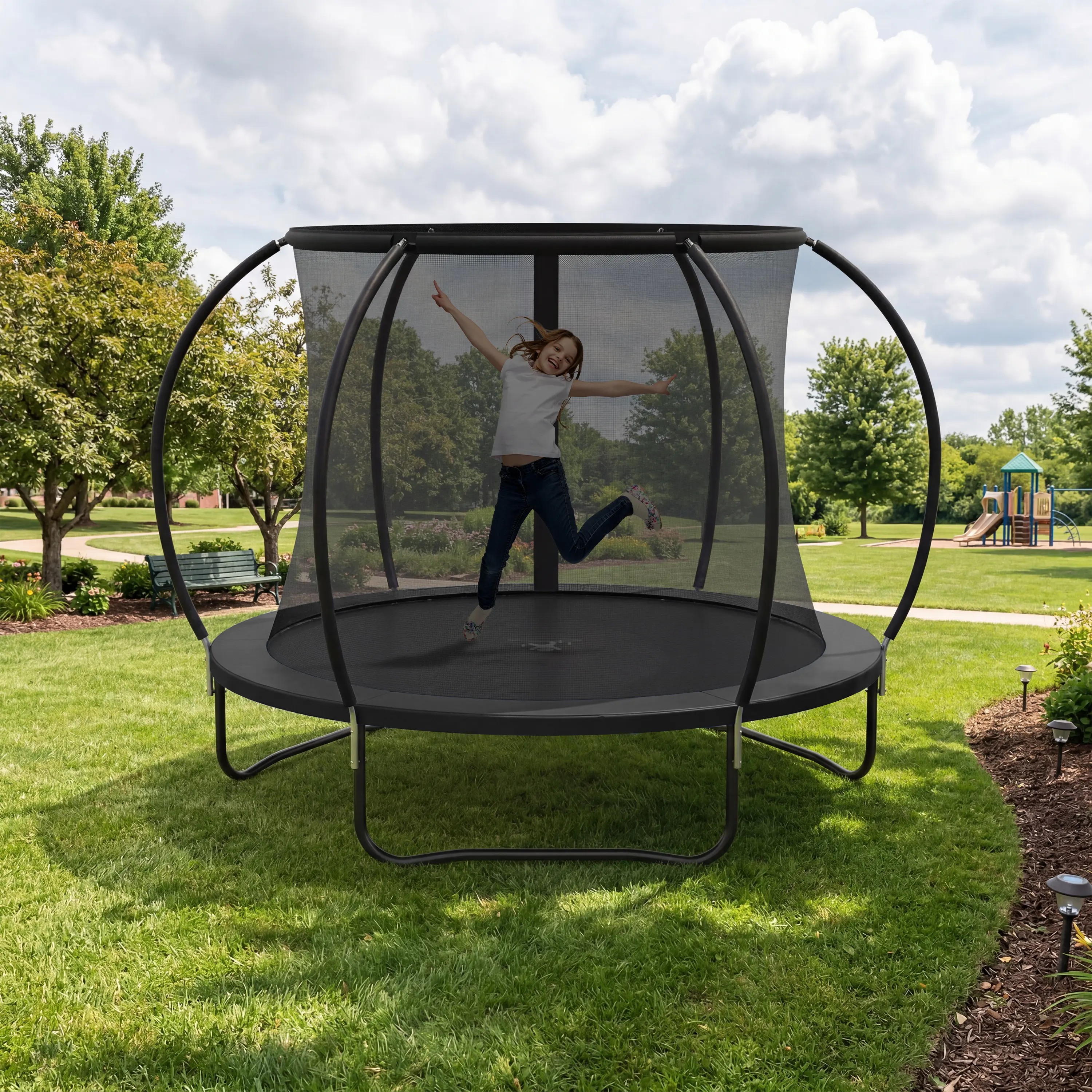 Outdoor Trampoline, 8FT Recreational Trampoline  for Kids and Adults,  ASTM Approved Trampoline with Safety Enclosure Net, Wide Ladder and Anti-Rust Coated Frame