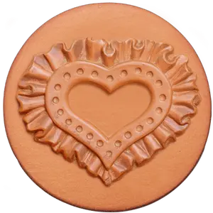 405 Ruffled Heart 2" round Cookie Stamp with handle and glaze, for decorating cookies, chocolate, fondant as well as paper and clay crafts. Handmade in the USA since 1968.